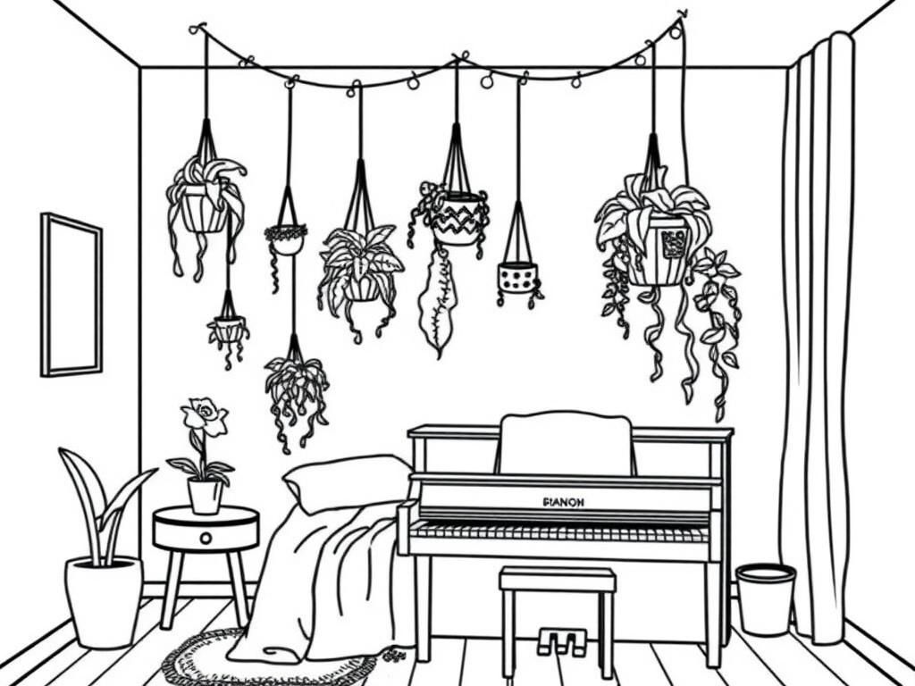 a bedroom with hanging plants and and string of lights over the bed with a piano