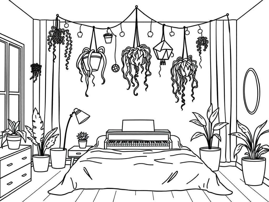 a bedroom with hanging plants and and string of lights over the bed with a piano