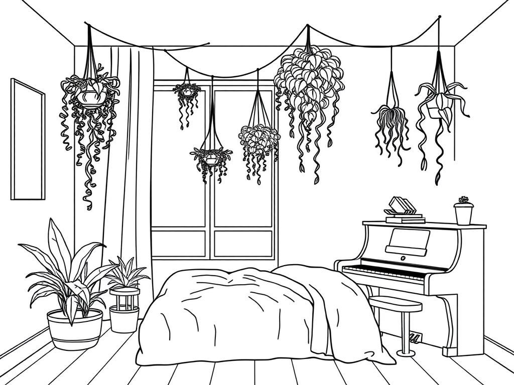 a bedroom with hanging plants and and string of lights over the bed with a piano