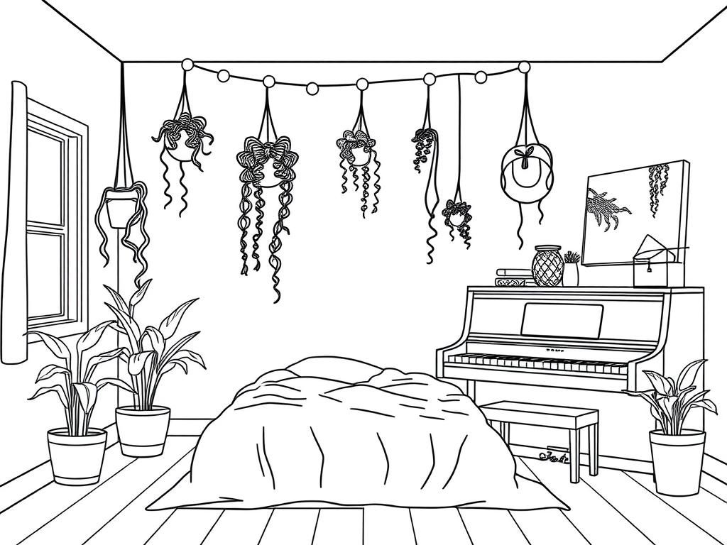 Cozy Bedroom with Piano Coloring Page