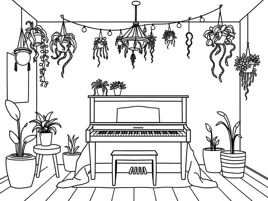 a bedroom with hanging plants and and string of lights over the bed with a piano