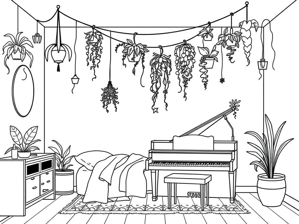 a bedroom with hanging plants and and string of lights over the bed with a piano