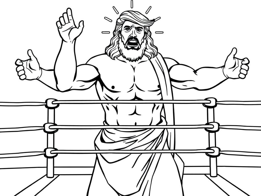 A beefy bare chested Jesus body slamming donald trump in a wrestling ring