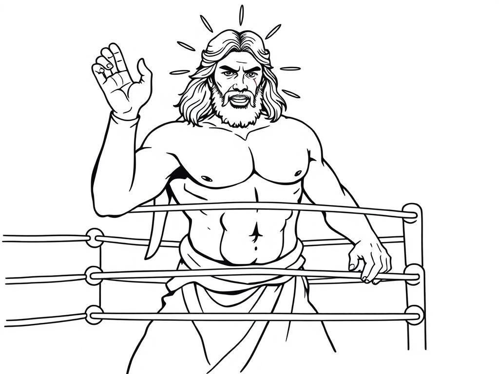 A beefy bare chested Jesus body slamming donald trump in a wrestling ring