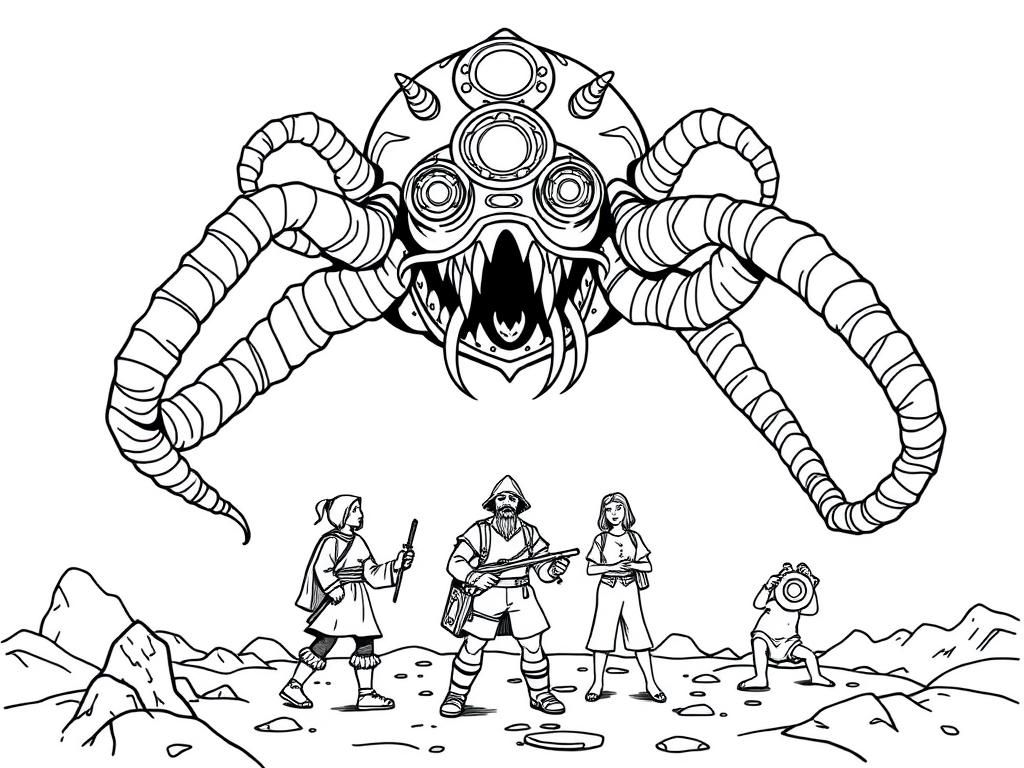 a beholder suprising a team of adventurers