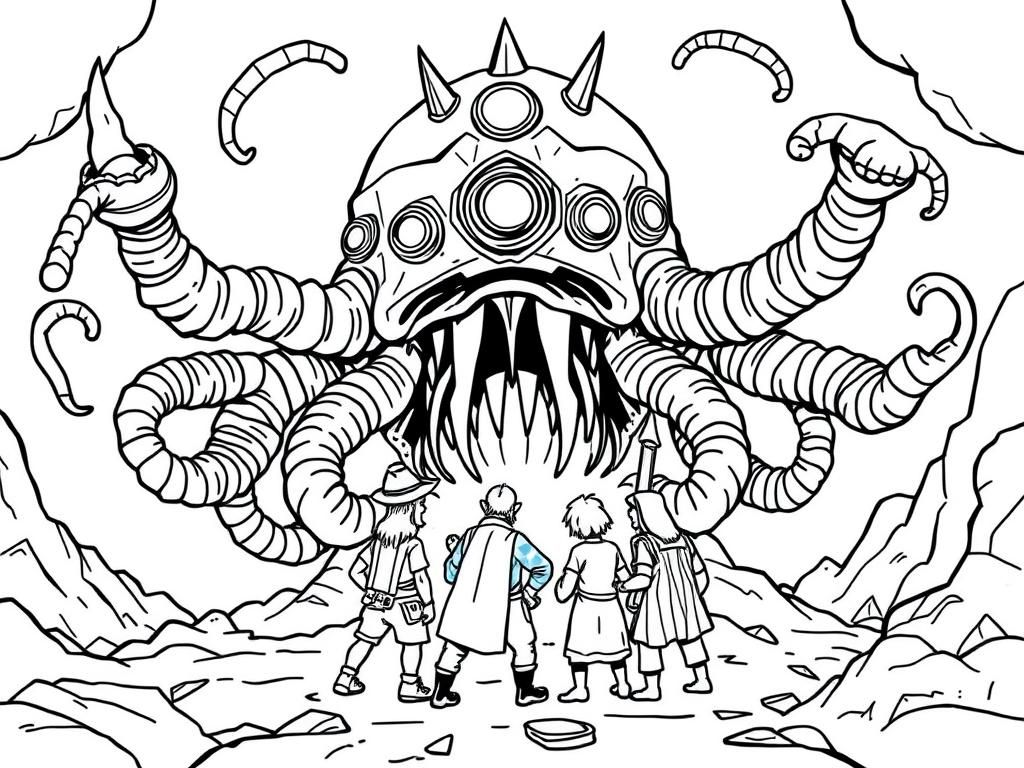 a beholder suprising a team of adventurers