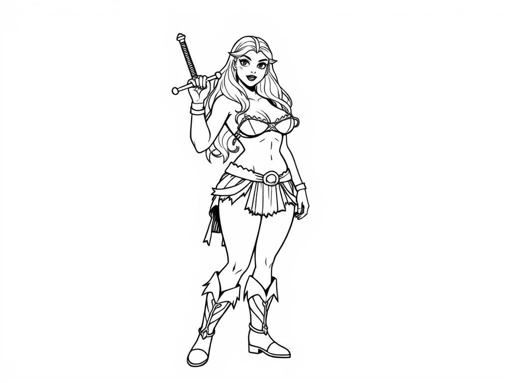 Preview of a big blonde curvey viking woman standing in bikini and boots waving a sword