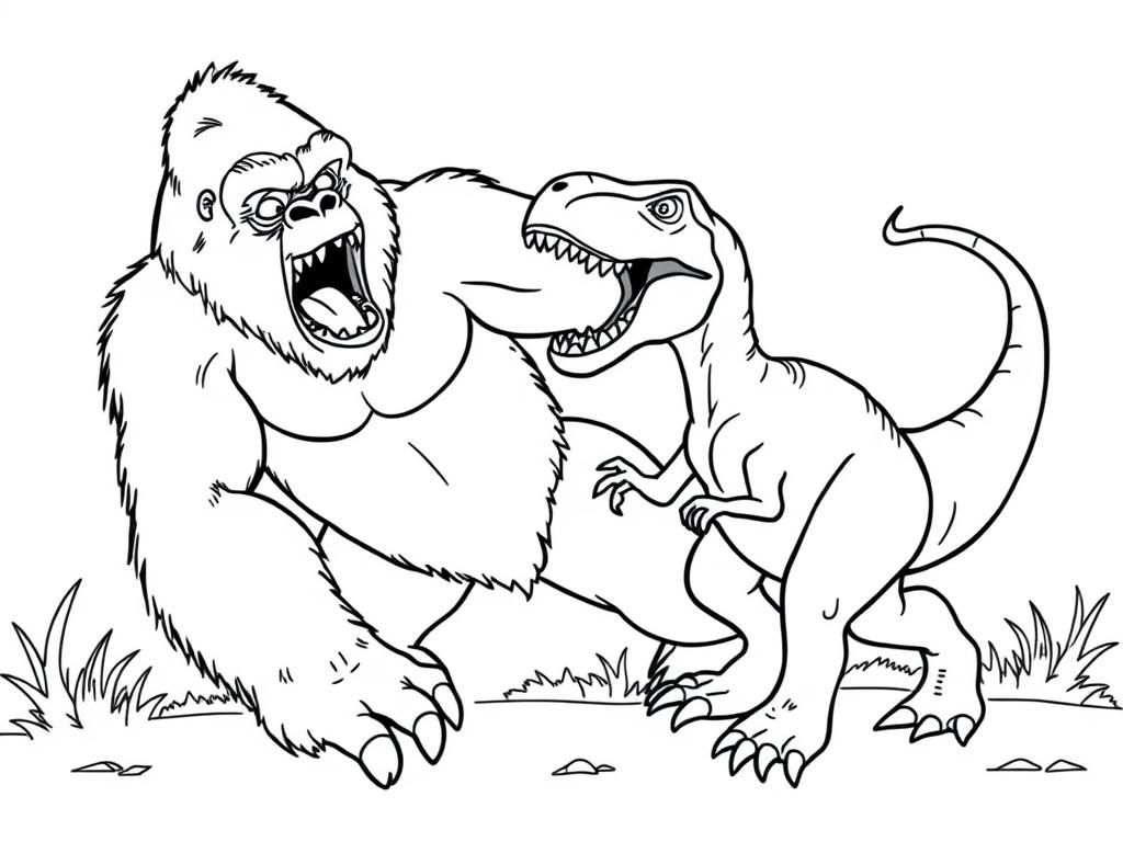 a big gorilla fighting a dinosaur - Free Printable Coloring Page