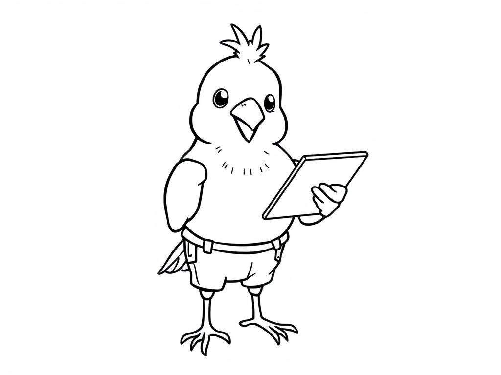 A birds is playing iPad and wearing pants