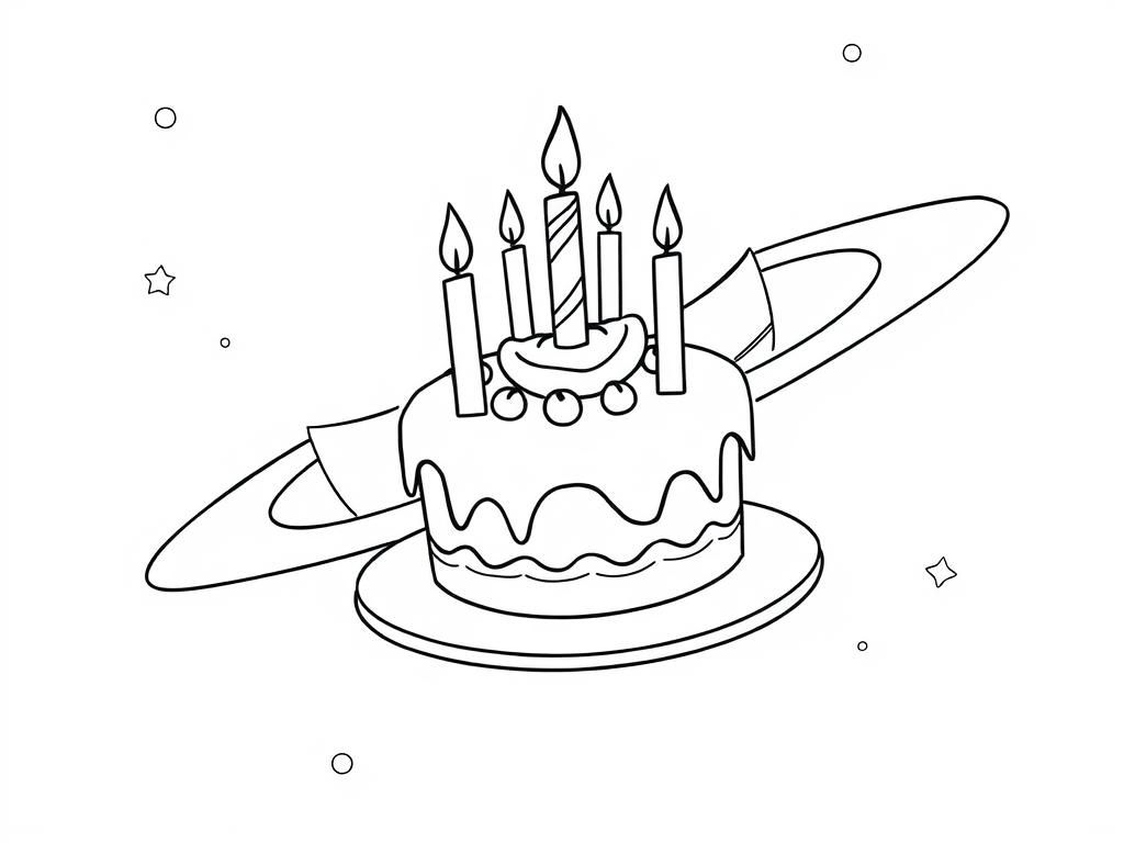 Preview of A birthday cake floating in space with Saturn on background