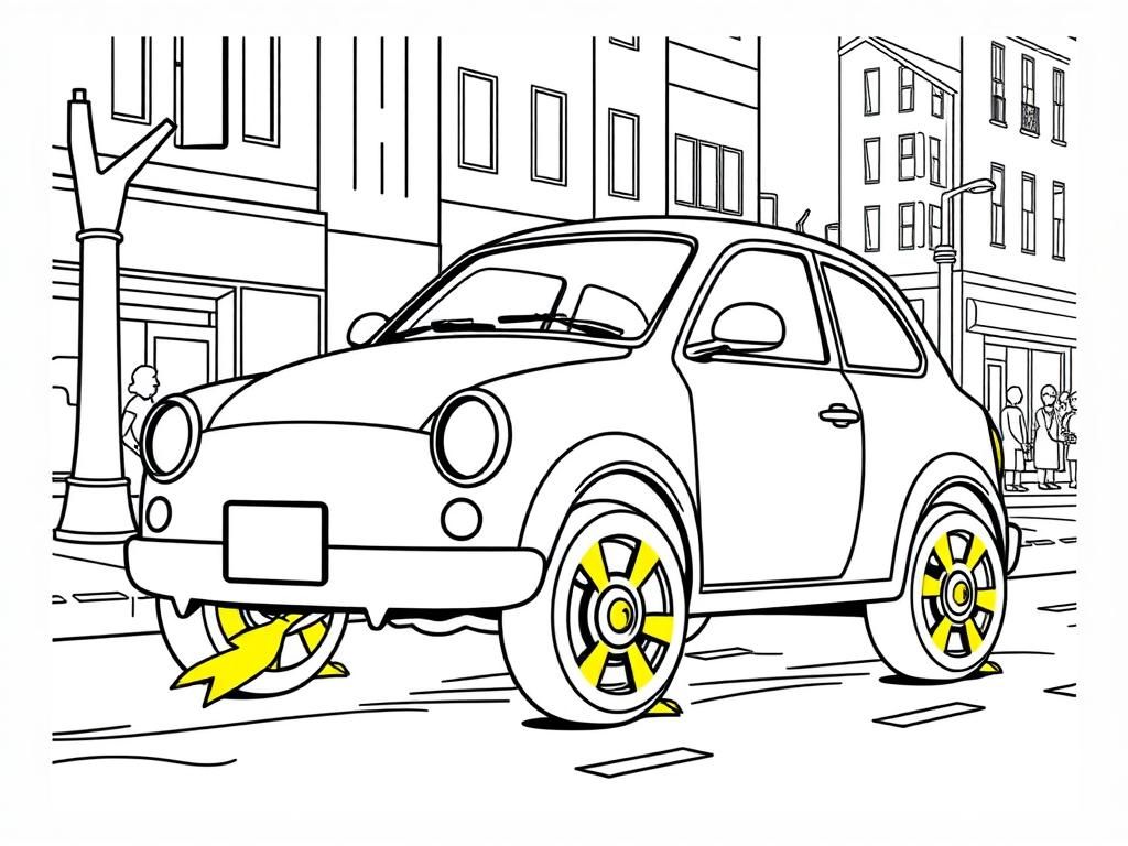 Preview of a blue car with yellow chicken feet for wheels on a city street