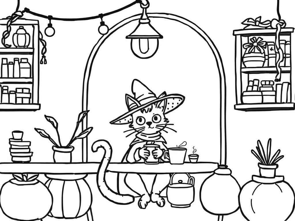 A bold lined cozy scene of a cat witch in her coffee shop - Free Printable Coloring Page