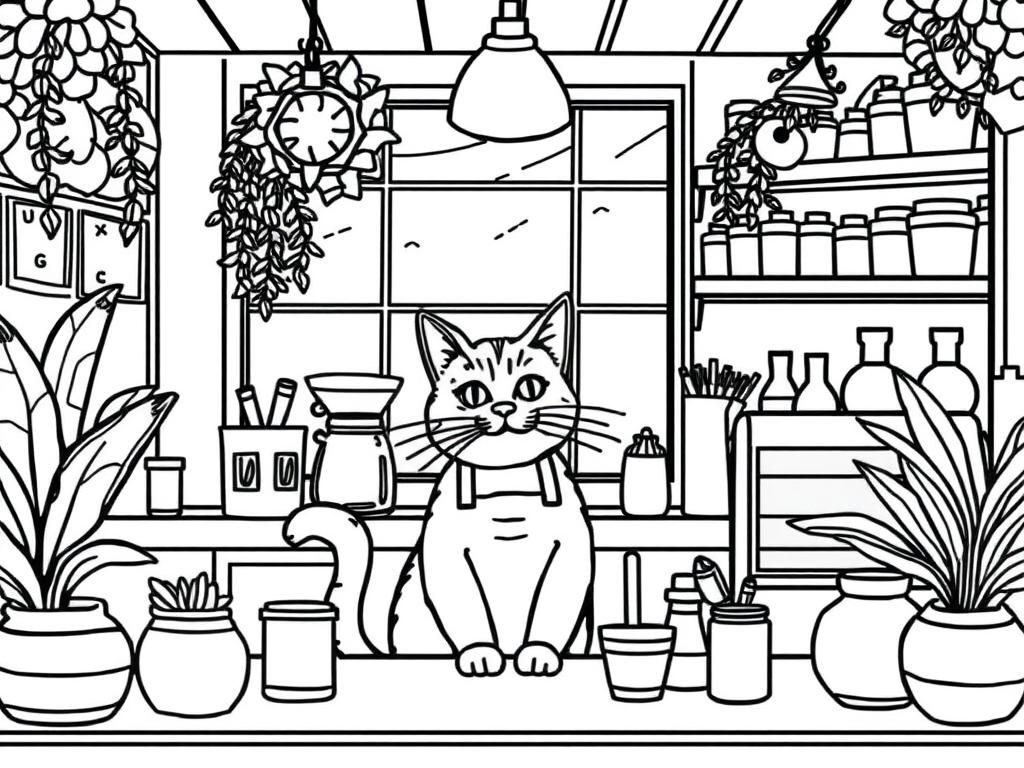 A bold lined scene of a cat barista in a cottage inspired coffee shop - Free Printable Coloring Page