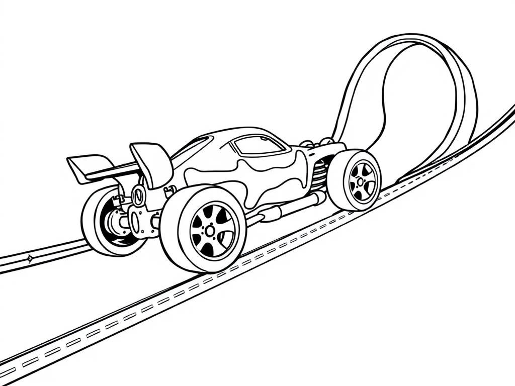 Preview of A Bone Shaker Hot Wheels car zooming down a track with a loop, a jump, and a ramp