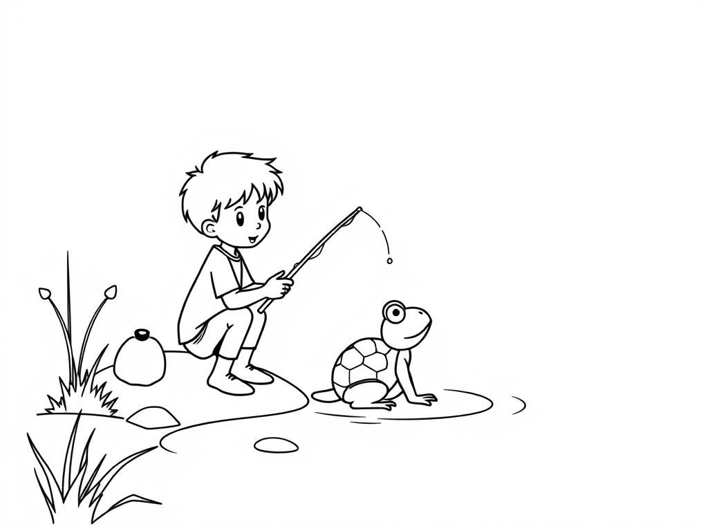 A boy, dog, frog and a turtle fishing at the edge of a lake