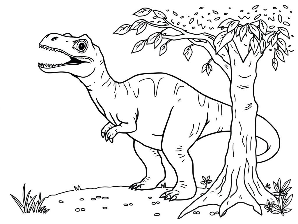 Dinosaur Standing Next to Tree Coloring Page