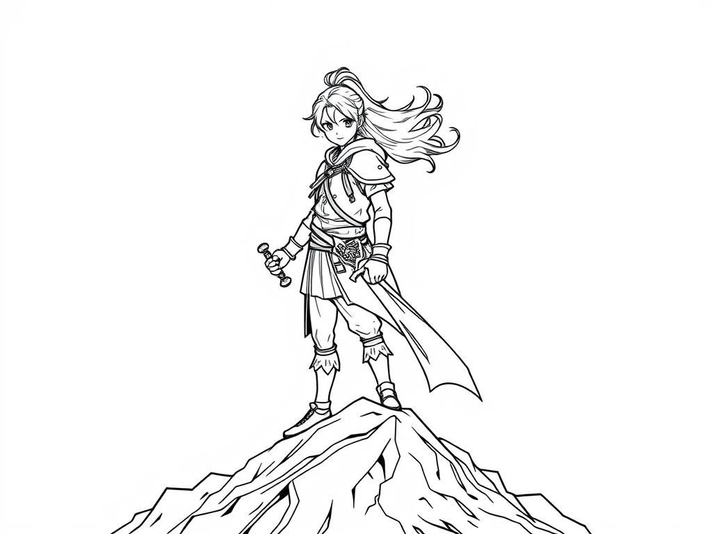 Preview of A brave anime warrior standing atop a mountain, holding a glowing sword while the wind blows their hair