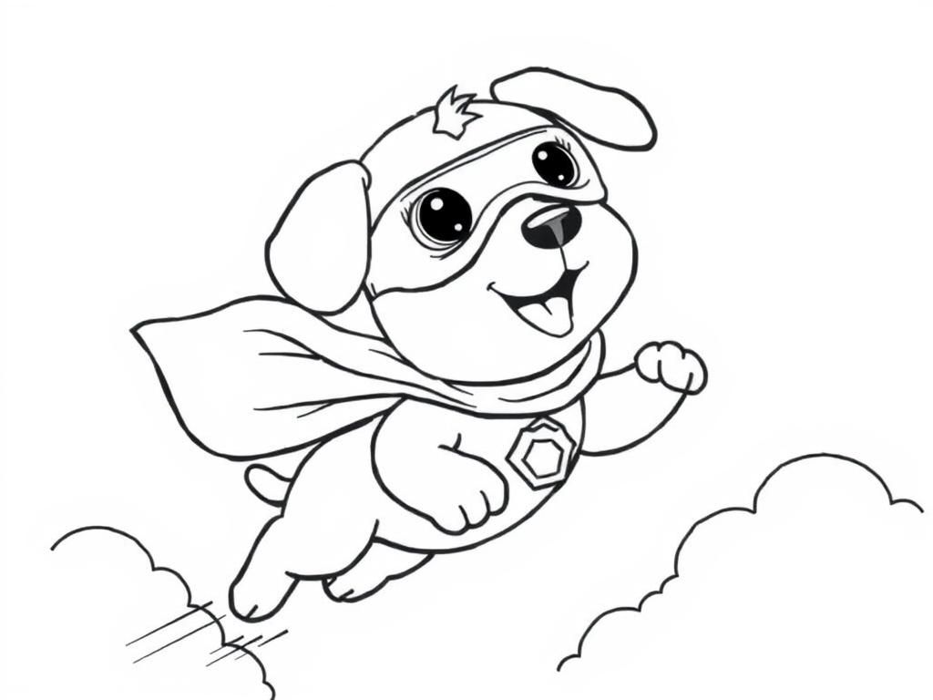 Preview of A brave puppy dressed as a superhero, flying through the sky with a tiny cape and mask