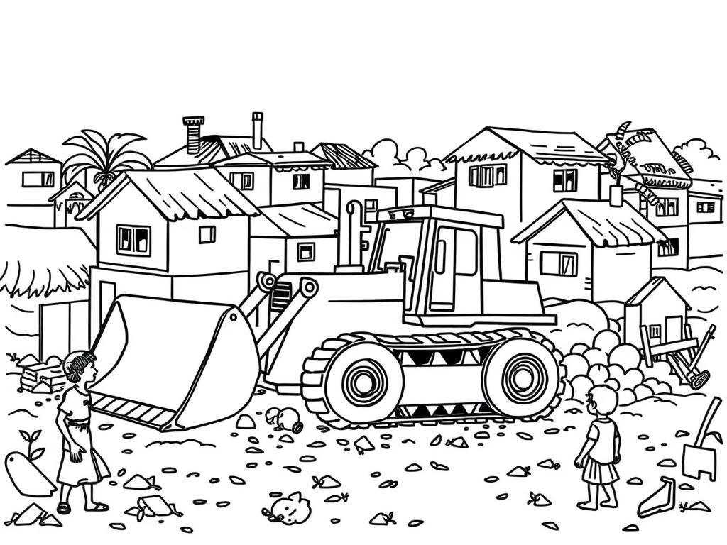 A bulldozer taking out houses in a slum while poor children are watching