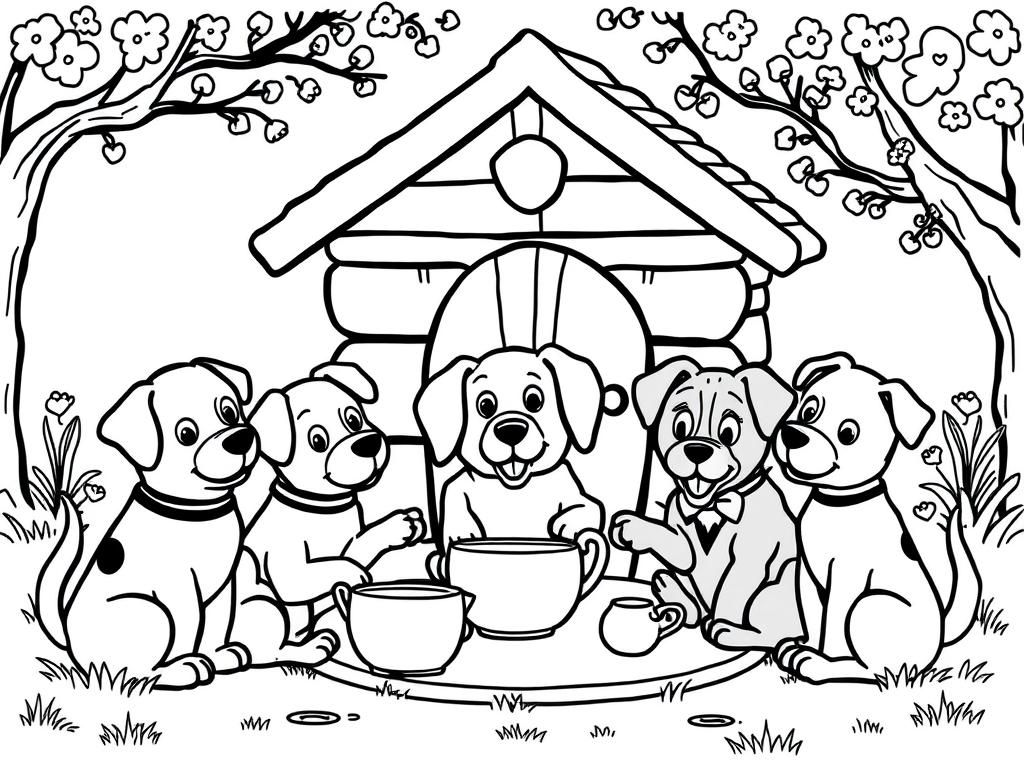 Dogs Tea Party Coloring Page