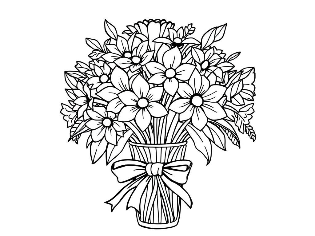 Preview of A bunch of flowers in a vase with a ribbon tied around it.