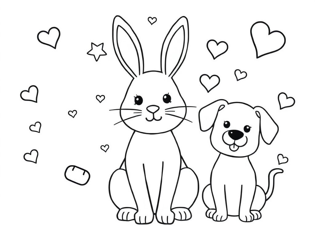 Cute Rabbit and Dog Friends Coloring Page - Free Printable Coloring Page