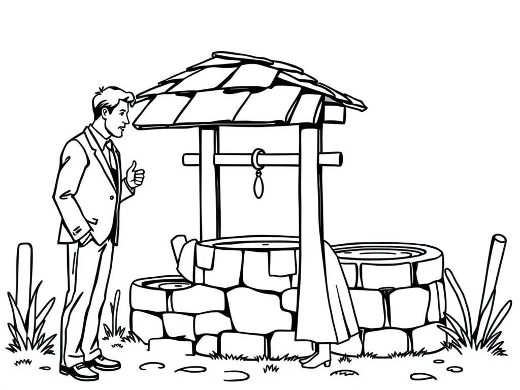 Preview of A business man speaking with a husband consoling his wife next to an old style water well