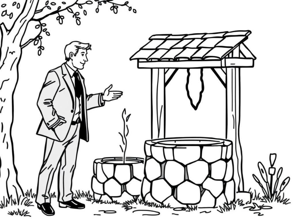 Preview of A business man speaking with a husband consoling his wife next to an old style water well