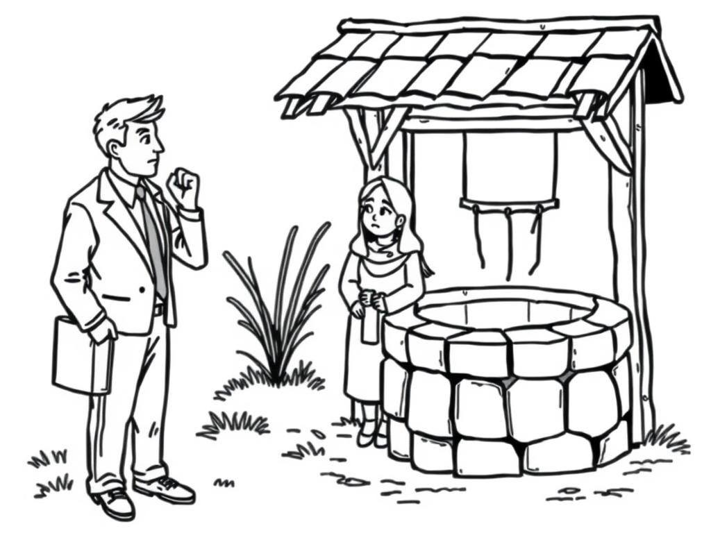 Preview of A business man speaking with a sad husband and wife next to an old style water well