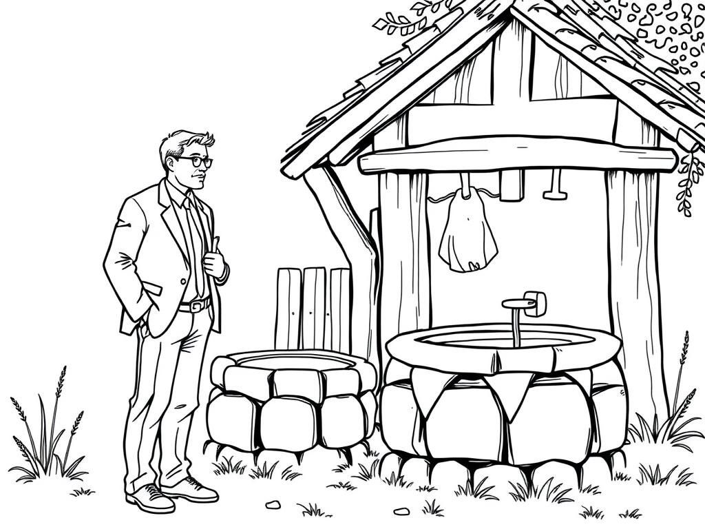 Preview of A business man speaking with a sad husband and wife next to an old style water well