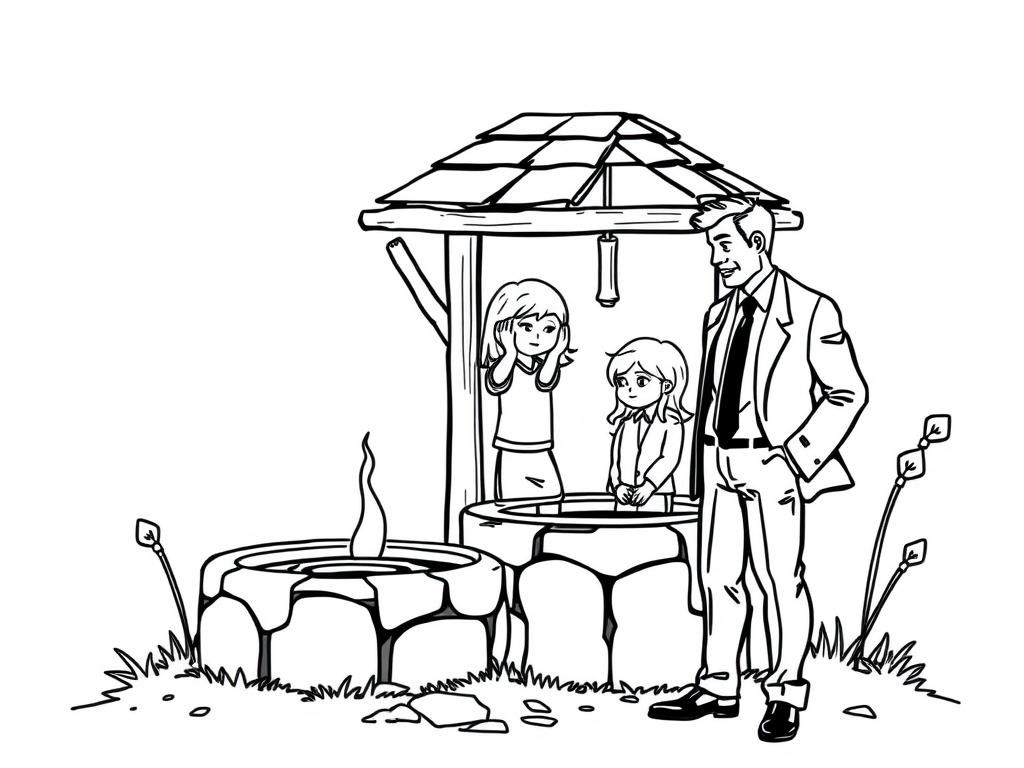 Preview of A business man speaking with upset parents next to an old style water well