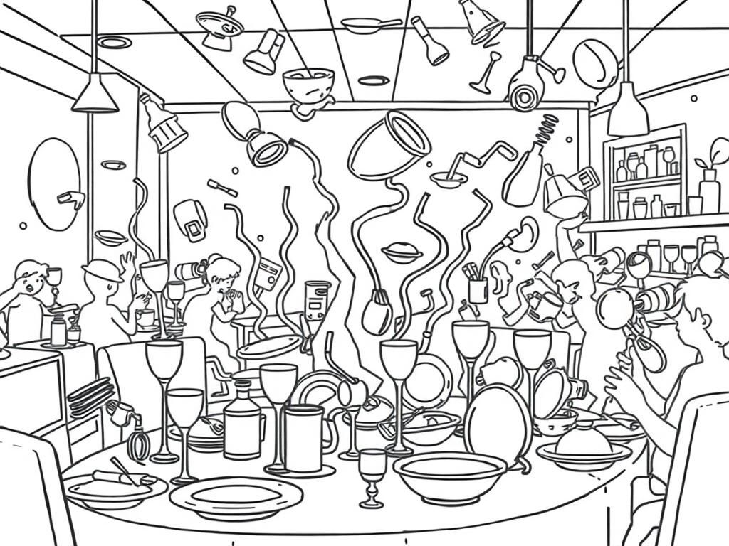 a busy restaurant with falling dishes and glasses, pure chaos