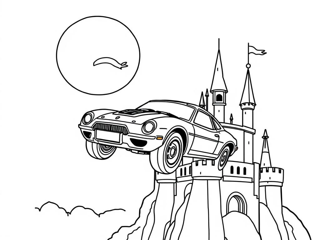 Preview of a car star wars style flying pver a castle