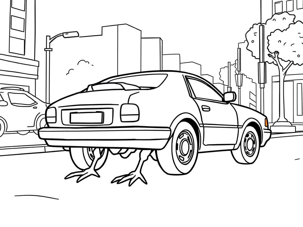 Preview of a car with chicken feet and no wheels on a city street