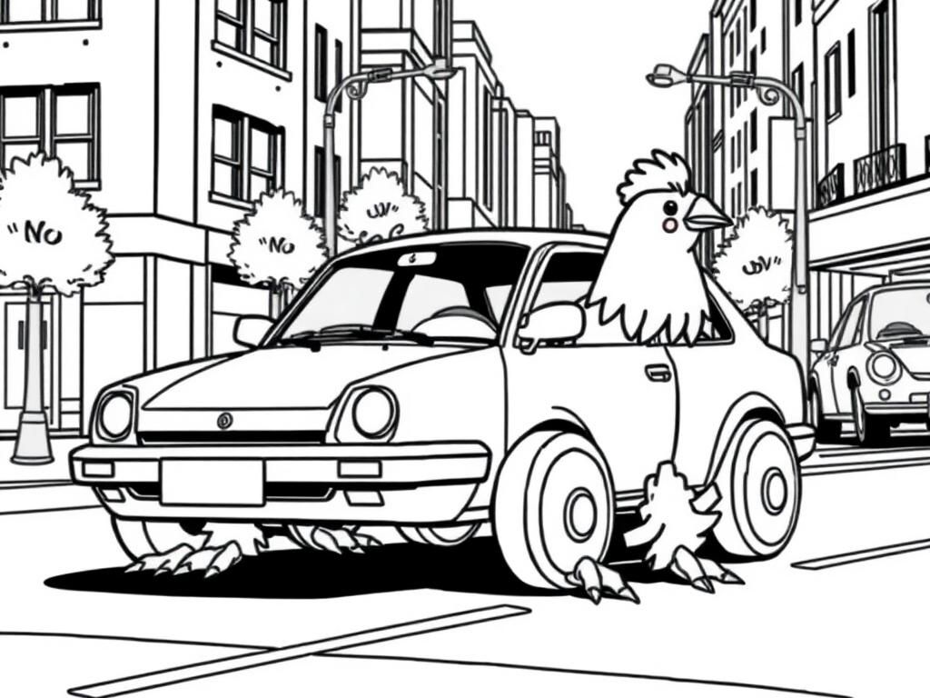 Preview of a car with chicken feet for wheels on a city street