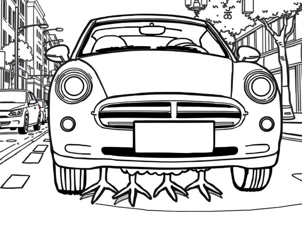 Preview of a car with chicken feet on a city street