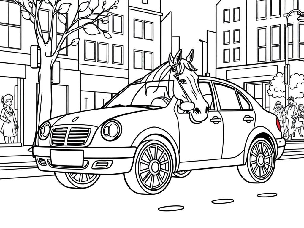 Preview of a car with horse head wheels on a city street