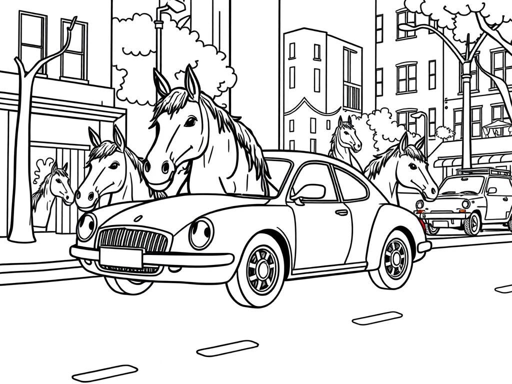 Preview of a car with horse heads for wheels on a city street