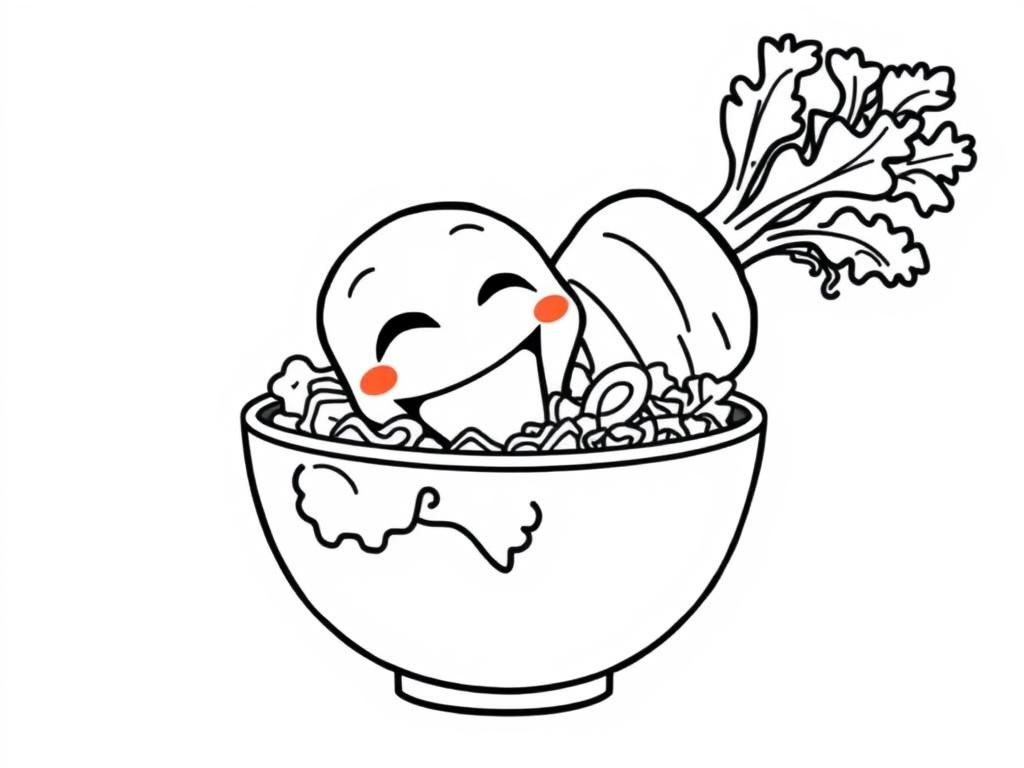 Smiling Radish in Noodles Coloring Page