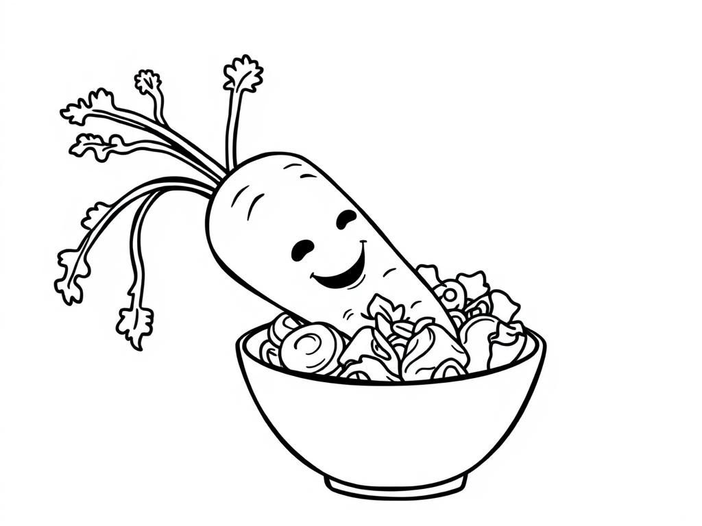Smiling Radish in Salad Bowl Coloring Page
