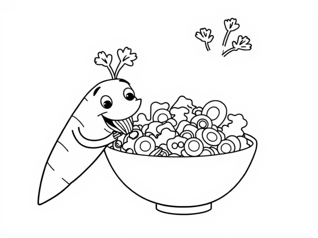 A carrot eating a bowl salad