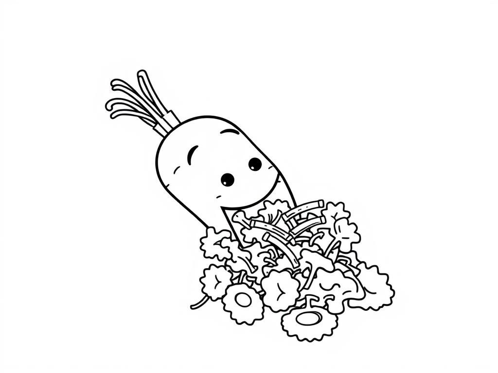 A carrot eating a vegetable salad - Free Printable Coloring Page