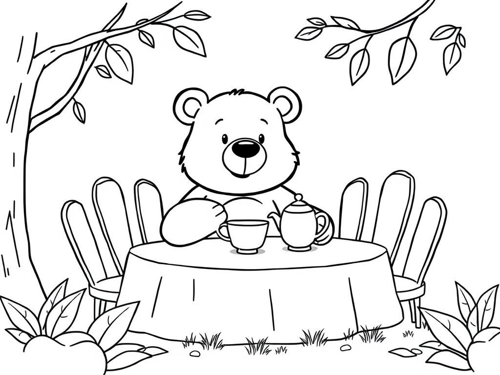 Whimsical Bear Tea Party Coloring Page