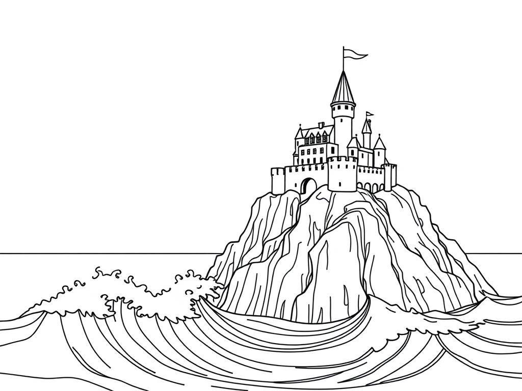 a castle on the edge of a cliff above the sea with larhe waves - Free Printable Coloring Page