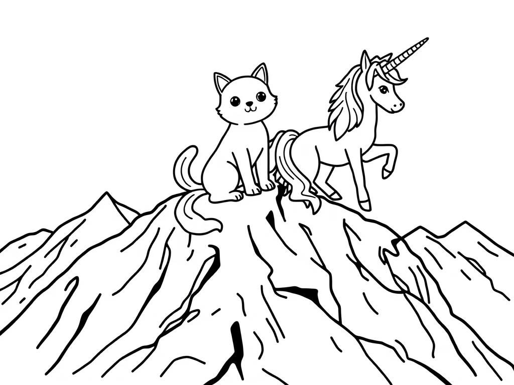Unicorn and Cat Coloring Page