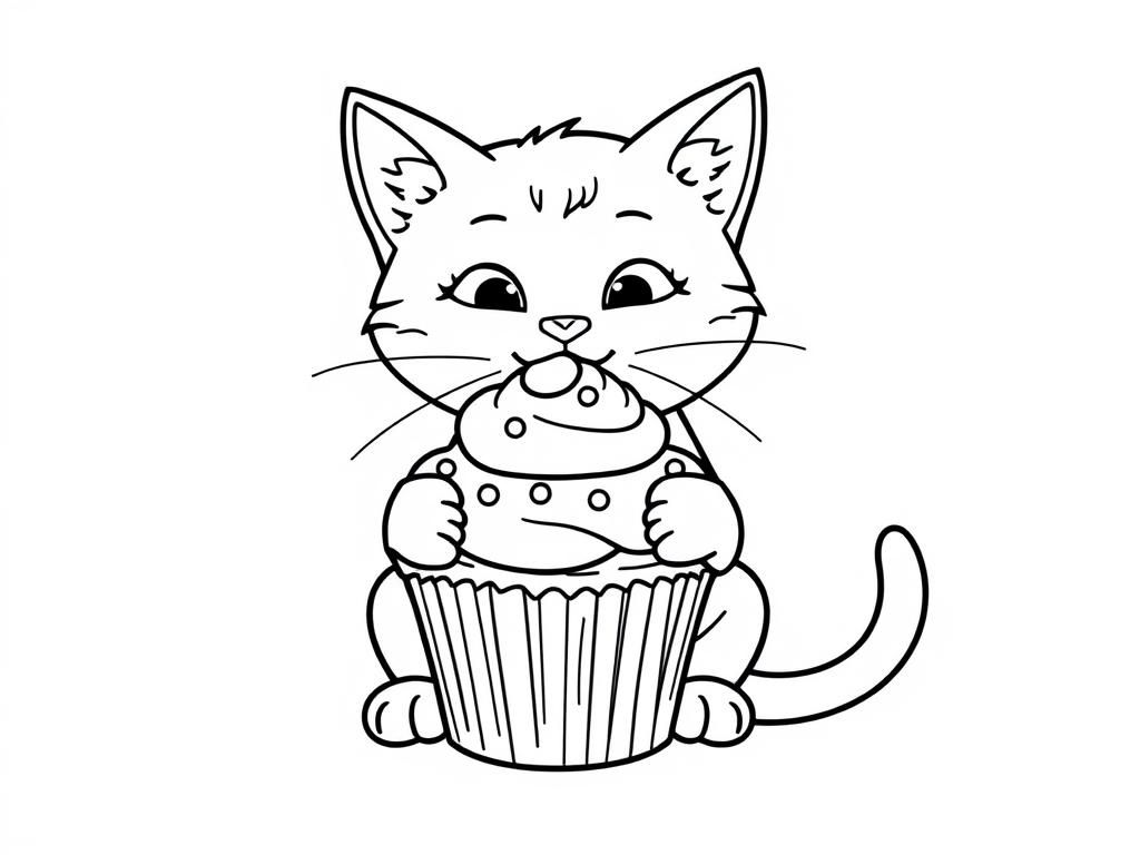 A cat eating a cupcake - Free Printable Coloring Page