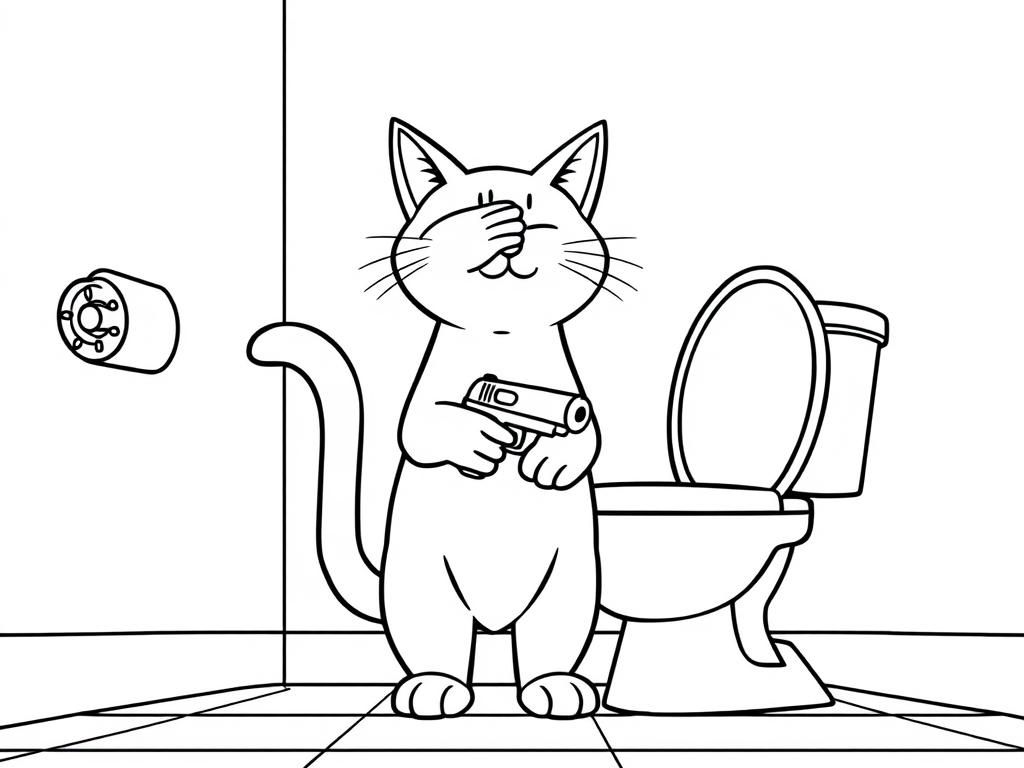 a cat is standing in a bathroom and covering its eyes with one hand and the other hand is pointing a gun at the toilet