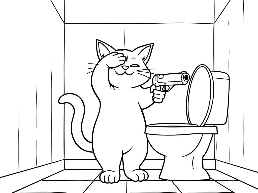 a cat is standing in a bathroom and covering its eyes with one hand. Its other hand is aiming a gun towards the toilet