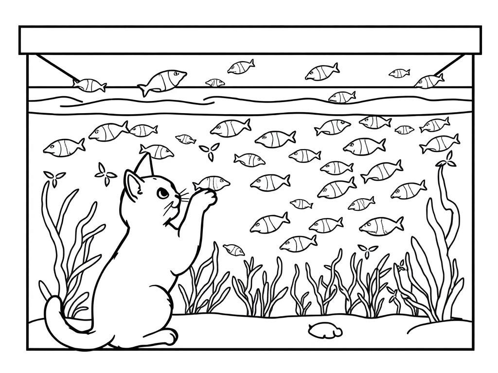 Cat Observes Fish Tank Coloring Page