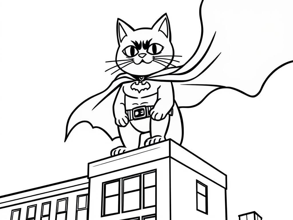 A cat version of Batman on a building - Free Printable Coloring Page